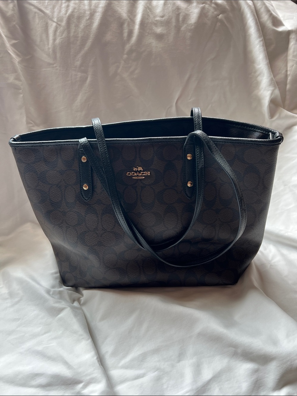 Coach Dark Brown Signature Logo Tote with Black Handles